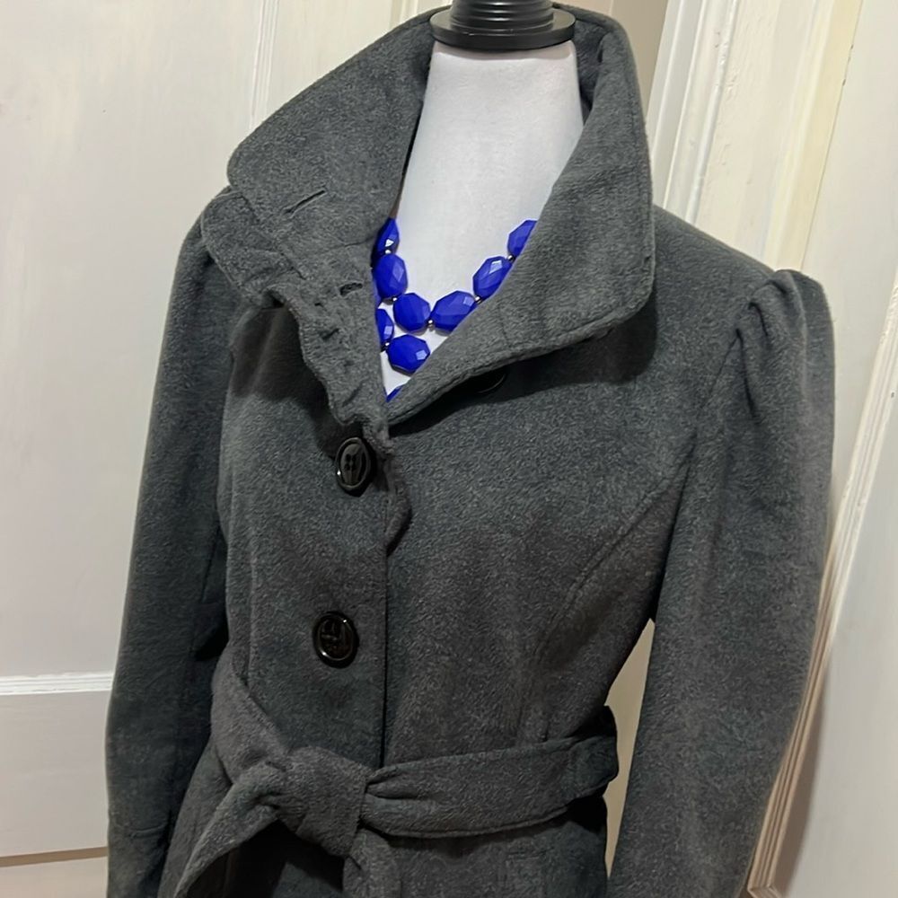 Vintage Jonathan Stone Ruffle Collar Belted Winter Jacket Large Gray Pea Coat
